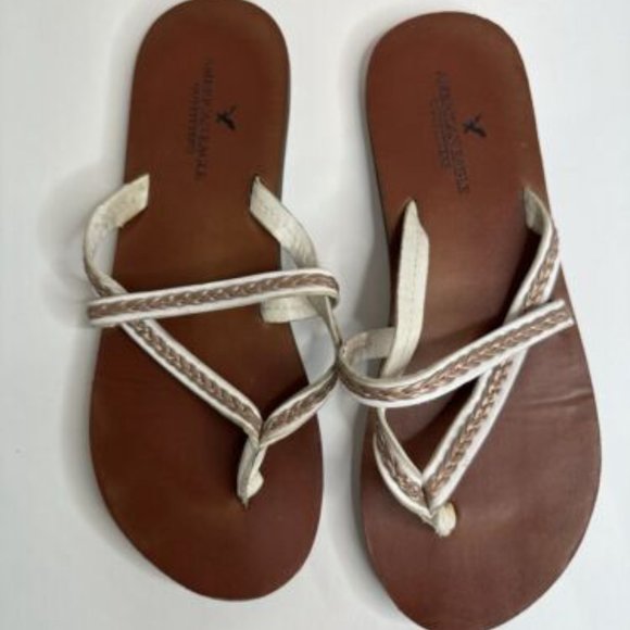 American Eagle Outfitters AEO Leather Flat Strappy White Bronze Sandals Womans 8 - Picture 2 of 6